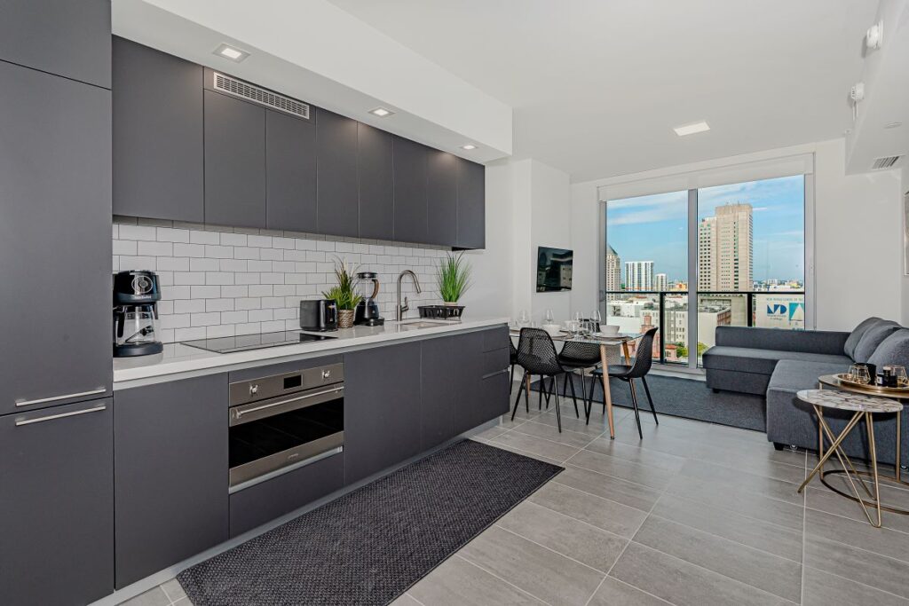 Open kitchen with city-view window