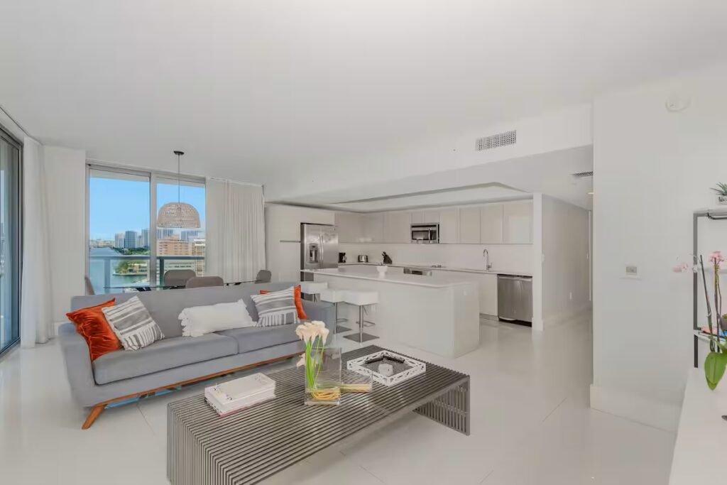 Living room with waterway view