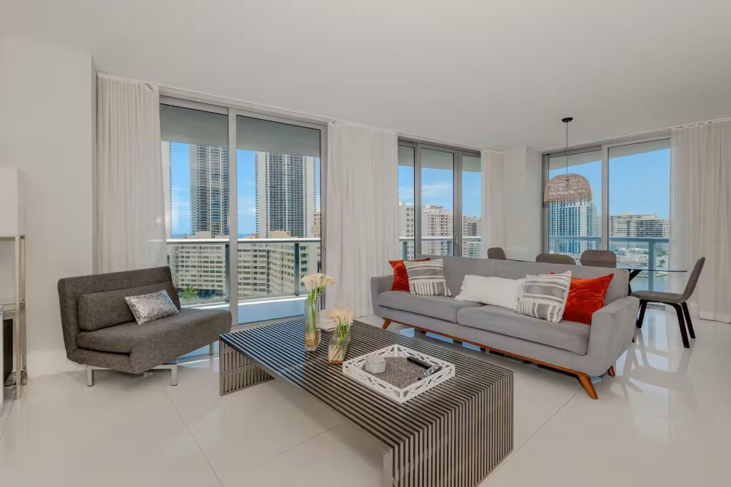 Living and dining with skyline view